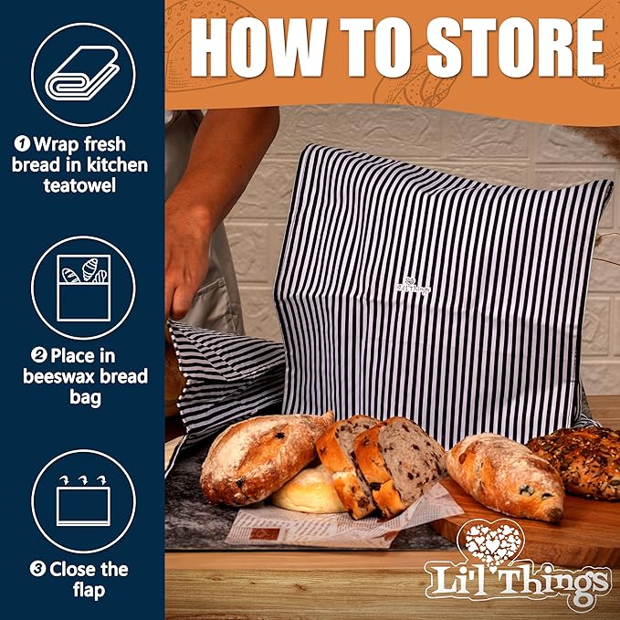 Sourdough Bread Bag – Reusable Beeswax Bread Storage Bags 2.0 (2 Sizes) for Homemade & Artisan Loaves, Cotton-Lined Bread Keeper, Plastic-Free Kitchen Storage – Stripey Black