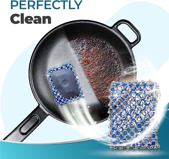 Cast Iron Care Bundle: 316 Stainless Steel 𝐓𝐫𝐢𝐩𝐥𝐞 𝐑𝐢𝐧𝐠 𝐂𝐡𝐚𝐢𝐧𝐦𝐚𝐢𝐥 Scrubber (Blue) & Extra Thick Leather Handle Cover (𝐌𝐚𝐝𝐞 𝐢𝐧 𝐆𝐞𝐨𝐫𝐠𝐢𝐚) – Perfect for Pan