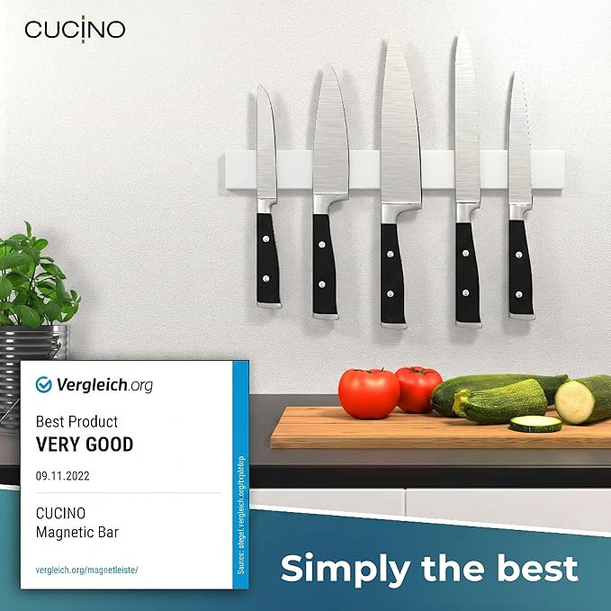 CUCINO Magnetic Knife Holder for wall, 16" no drilling required, includes self-adhesive tape, extra strong for holding knives – Awarded magnet strip – White Rubber