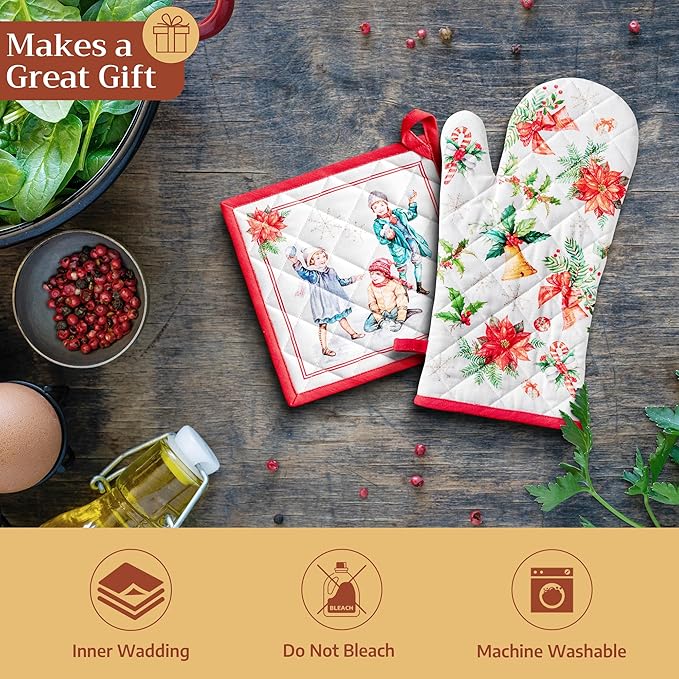 Maison d' Hermine Oven Gloves 100% Cotton Oven Mitt 7" x 13" with Loop Heat Resistant BBQ Cooking Gloves for Thanksgiving Christmas Decorations Baking Handling Hot Pans (Pack of 1, Chromo)