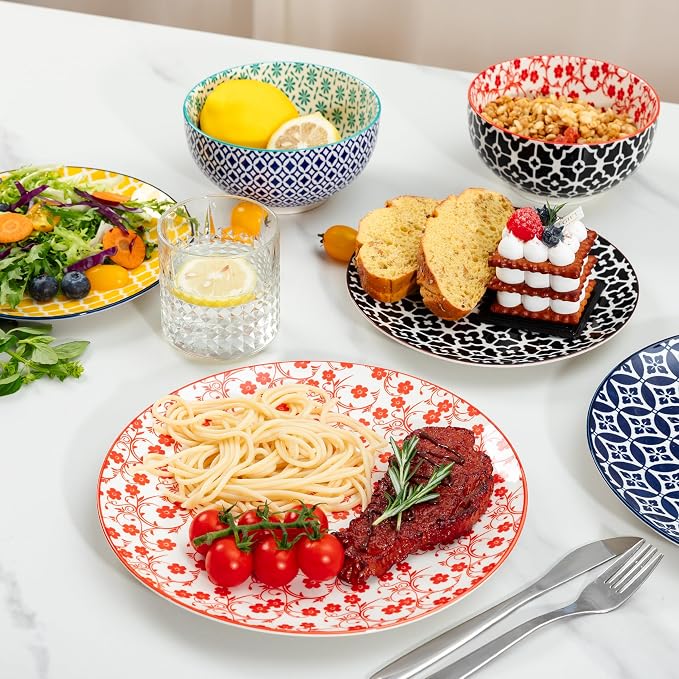 LEHAHA 12 Pieces Ceramic Dinnerware Sets, Porcelain Round Dinner Set for 4, Microwave and Dishwasher Safe Plates and Bowls Dishes Sets, Kitchen Dinner Dinning Ware Set, Assorted Colors