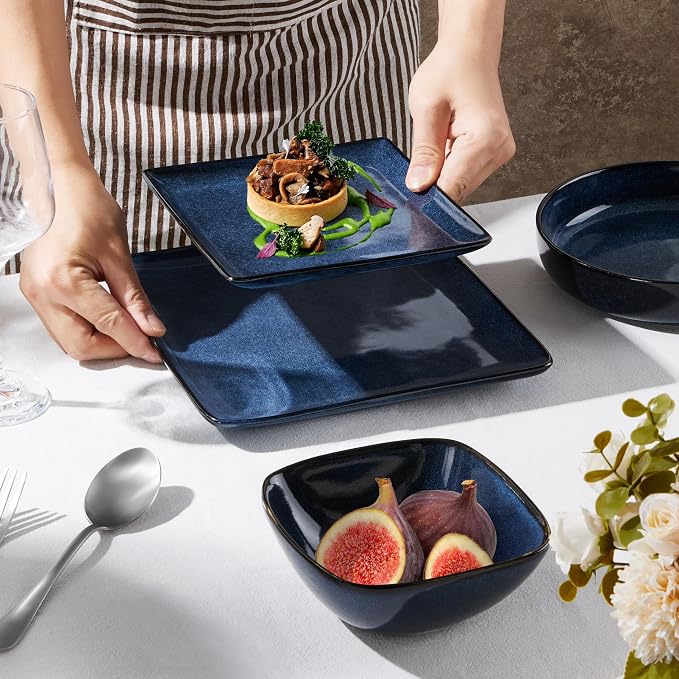 E-far Square Dinnerware Sets for 8, 24-Piece Stoneware Plates and Bowls Dishes Set, Reactive Glaze Porcelain Dishware Sets, Chip & Scratch Resistant, Microwave & Dishwasher Safe, Deep Sea Blue