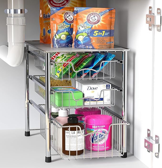 Simple Houseware 3 Tier Basket Drawer + Cabinet Pull-Out Shelf