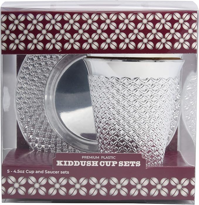 Exquisite 5.5 oz Disposable Plastic Kiddush Cup and Tatz Silver Cup and Saucer Set for Passover, Shabbat, Wedding, Brit and Year Round -10 Count - 5 Sets