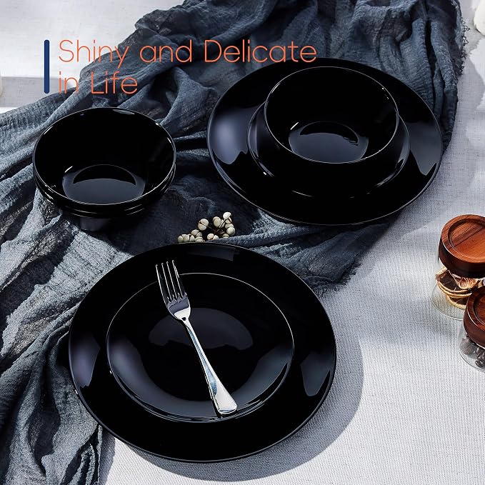 Dinnerware Sets for 4, LaGlint 12 Pieces Opal Glass Plates and Bowls Set, Dishwasher and Microwave Safe Dish Dinning Ware, Chip and Scratch Resistant Dishware Black
