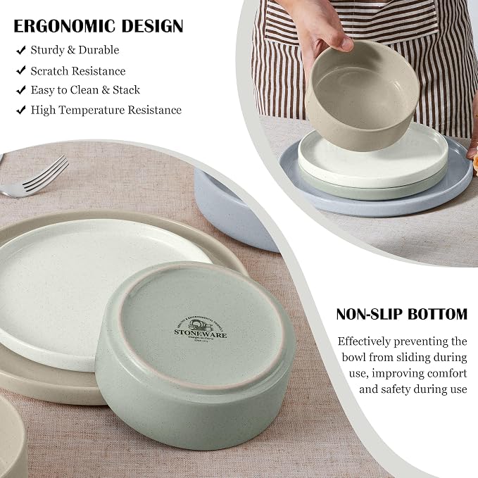 E-far Stoneware Dinnerware Sets, 12-Piece Plates and Bowls Dish Set for 4, Kitchen Modern Dinning Ware, Chip and Scratch Resistant, Microwave & Dishwasher Safe, Speckled Multicolor