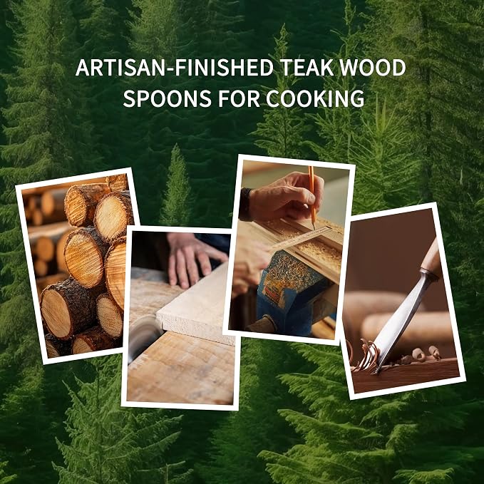 Brosisincorp Natural Teak Wood Spoons for Cooking with Holder 10 Pcs, Comfortable Grip Wooden Kitchen Utensils Set Scratch-Free Smooth Finish for Non-Stick Cookware
