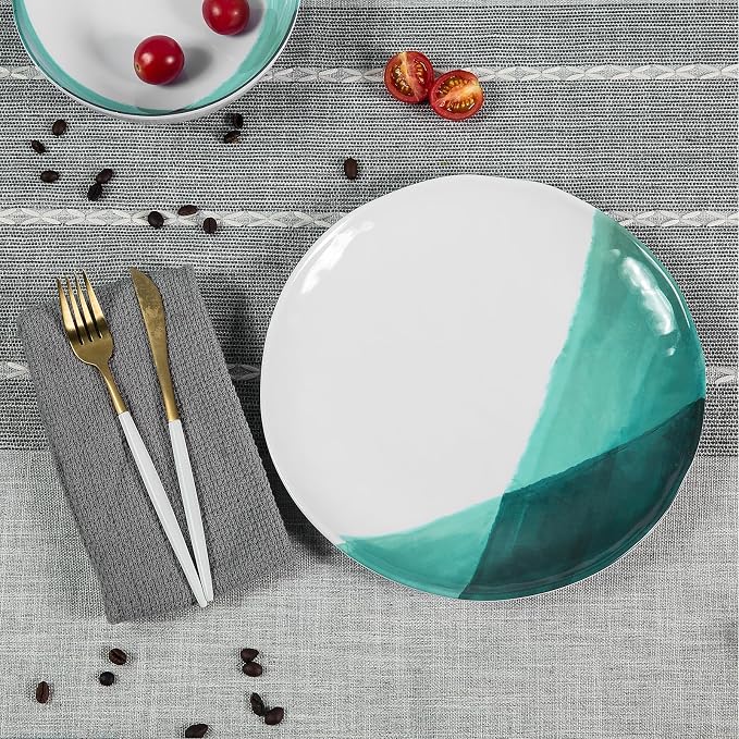 Melamine Plates and Bowls Set - 12pcs Dinnerware Dishes Set for 4, Dinner Plates for Indoor and Outdoor Use, Lightweight Break-resistant, Green & White