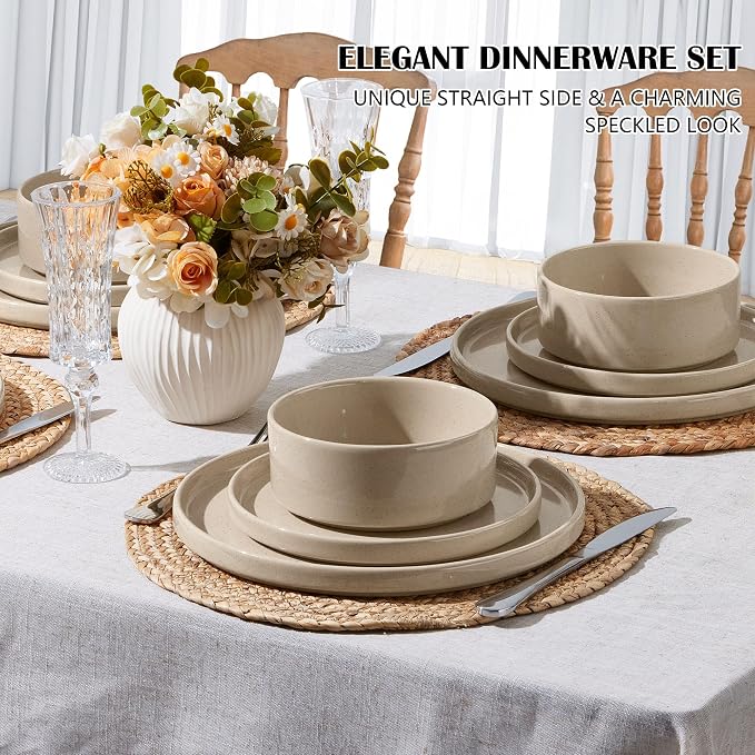 E-far 6-Piece Stoneware Dinnerware Sets, Plates and Bowls Set for 2, Kitchen Modern Dishes Set for Everyday & Formal, Chip and Scratch Resistant, Microwave & Dishwasher Safe, Speckled Khaki