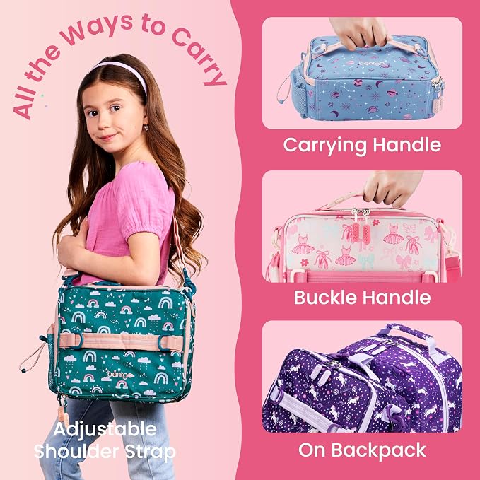 Bentgo Kids Prints Lunch Bag - Double-Insulated, Reusable, for Kids 3+, Adjustable Strap; Holds Lunch Box/Water Bottle/Snacks; Easy-Clean, Water-Resistant, Pockets (NEW Ballet & Bows)