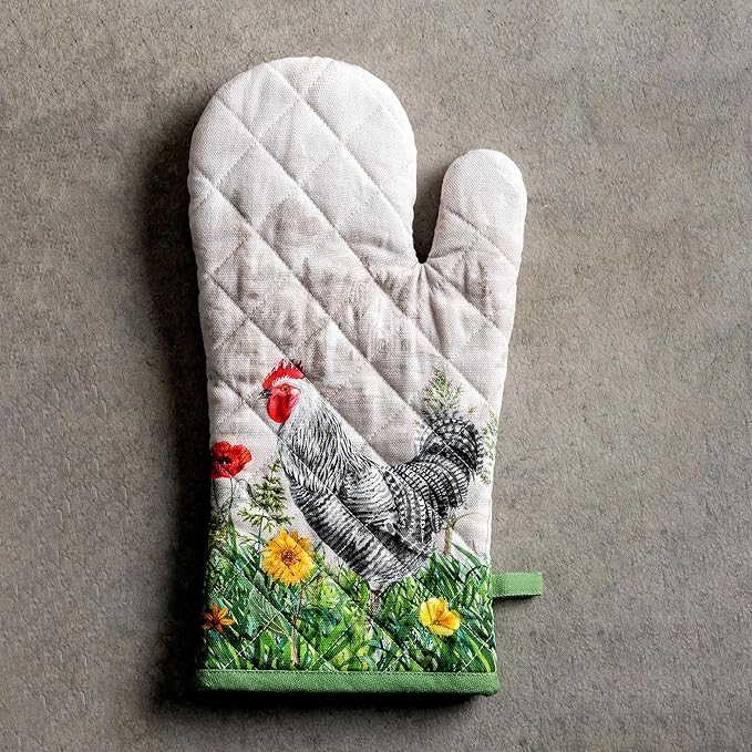 Maison d'Hermine Oven Gloves 100% Cotton Oven Mitt 7" x 13" with Loop Heat Resistant BBQ Cooking Gloves Baking Grilling Gifts for Mothers Day Spring/Summer (Pack of 1, Basse Cour)
