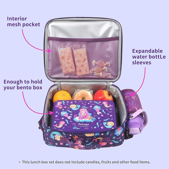 rockpapa Kids Lunch Box Set with 14oz Insulated Water Bottle & Lunch Bag, Leakproof 5.5 Cups Bento Box for School & Children, BPA-Free, Microwave Safe for Boys Girls (Purple Mermaid)