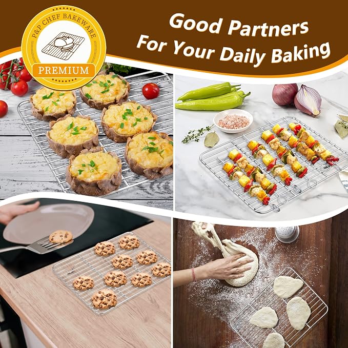 P&P CHEF 9 Inch Baking Sheet Pan with Rack Set, Stainless Steel Cookie Sheet Pan Tray with Cooling Rack for Oven Use, Cooking Roasting, Non Toxic & Dishwasher Safe, Heavy Duty