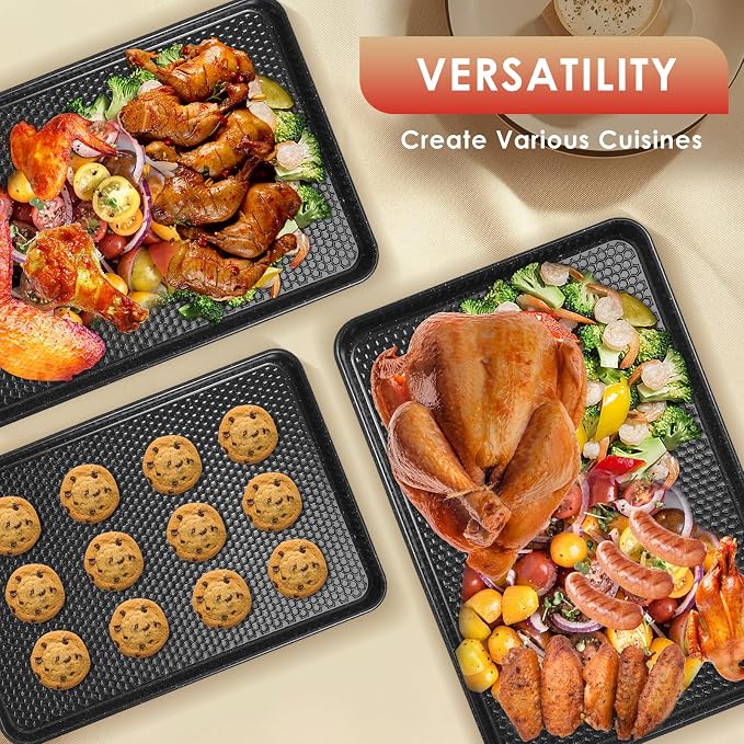 Baking Sheet Pan Set of 3, Nonstick Carbon Steel Cookie Sheets with Texture | Commercial Half/Quarter/Jelly Roll Pans Replacement Toaster Oven Tray, Heavy Duty & Easy Clean