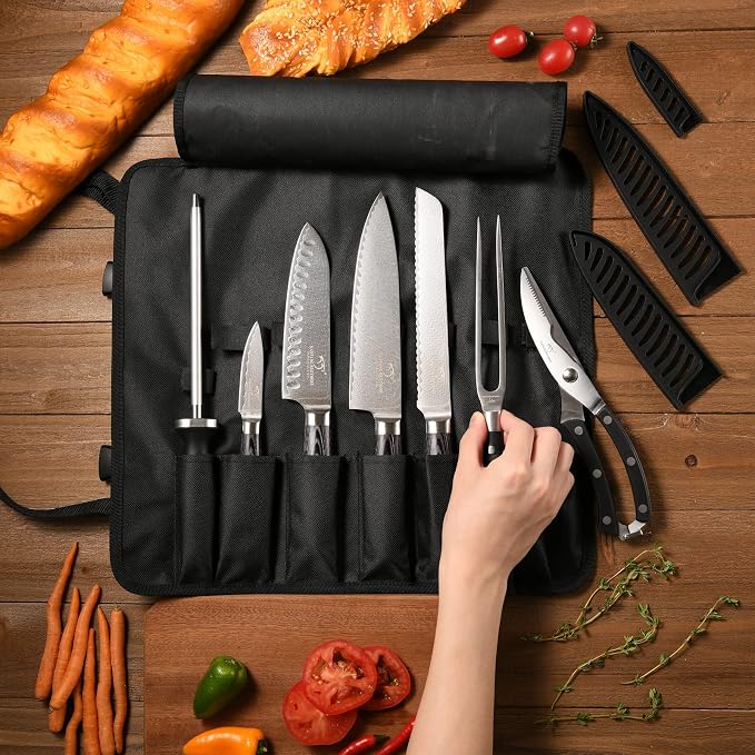 Chef Knife Set with Roll Bag, 8 Pieces Damascus Knife Set with VG10 Core Blades, 67-Layer Damascus Steel with Portable Oxford Cloth Storage Bag, Blade Guards, Camping Essentials