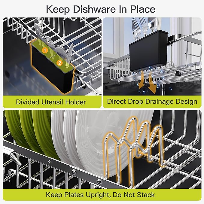 Expandable Stainless Steel Dish Drying Rack Over The Sink For Small Kitchen, Counter Space Saving Compact Metal Plate Drainer Strainer, Adjustable Hanging Inside Sink Rust Proof Wire Dryer Holder