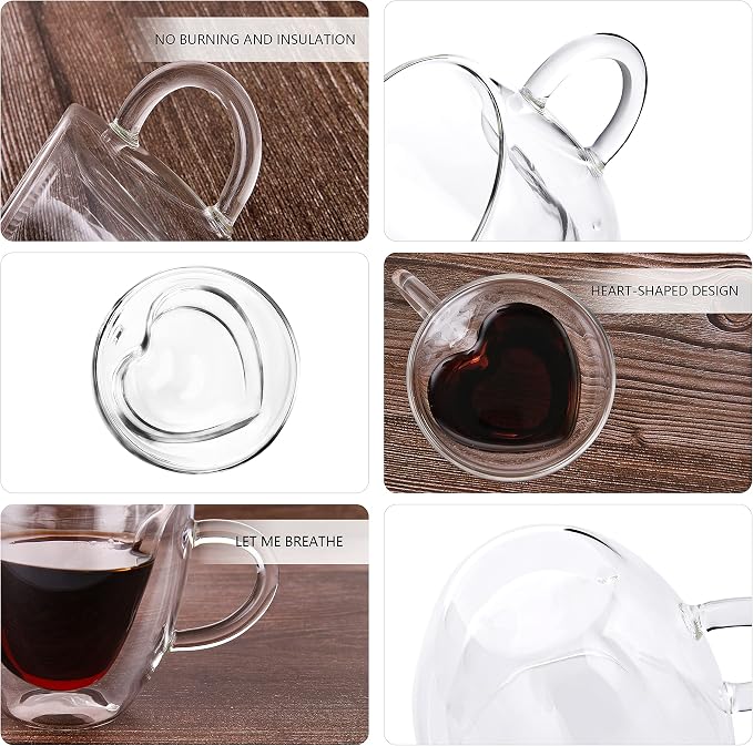 CNGLASS Double Wall Heart Shaped Glass Coffee Mugs 5oz(Set of 2),Insulated Clear Tea Cups with Handle,Unique Glass Espresso Mugs for Coffee,Cappuccino,Latte,Milk