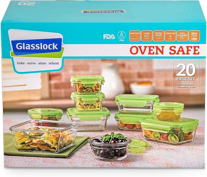 Tempered Glasslock Storage Containers 20pc set Green Lids Microwave & Oven Safe Airtight Anti Spill Proof