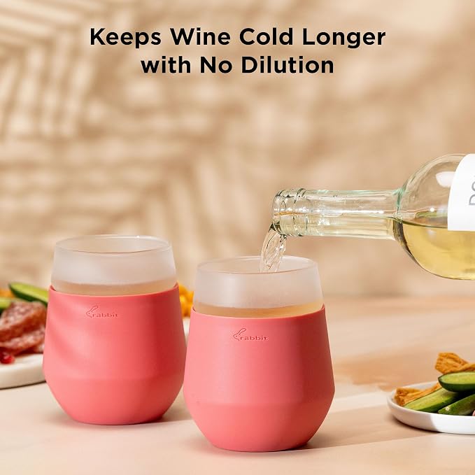 Rabbit Wine Freezable Glasses Chillable Stemless Wine Glasses, Freeze to Keep Wine Cold Longer, No Dilution, Set of 2, Rose
