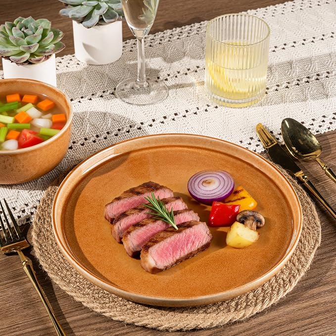 GBHOME Ceramic Dinnerware Sets for 6, 18 Pieces Stoneware Plates and Bowls Sets, Scratch Resistant Dishes, Dishwasher & Microwave Safe, Reactive Glaze-Amber
