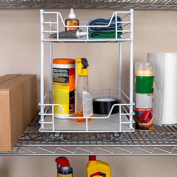 Household Essentials Glidez Steel Pull-Out/Slide-Out Storage Organizer with Plastic Liners for Under Cabinet or Wire Shelf Use - 2 -Tier Design, White