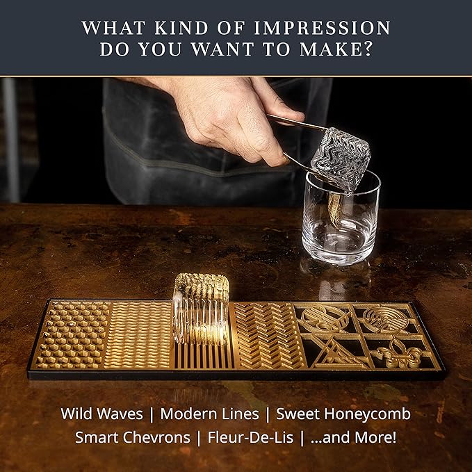 Clear Ice Cube Maker Design Tray - Craft Modern Ice Molds for Bourbon & Cocktails in 5 Seconds - Whiskey Mold Cube Stamp – Bartender Accessories - Copper Ice Press Cocktails by Ash Harbor (Patterns)