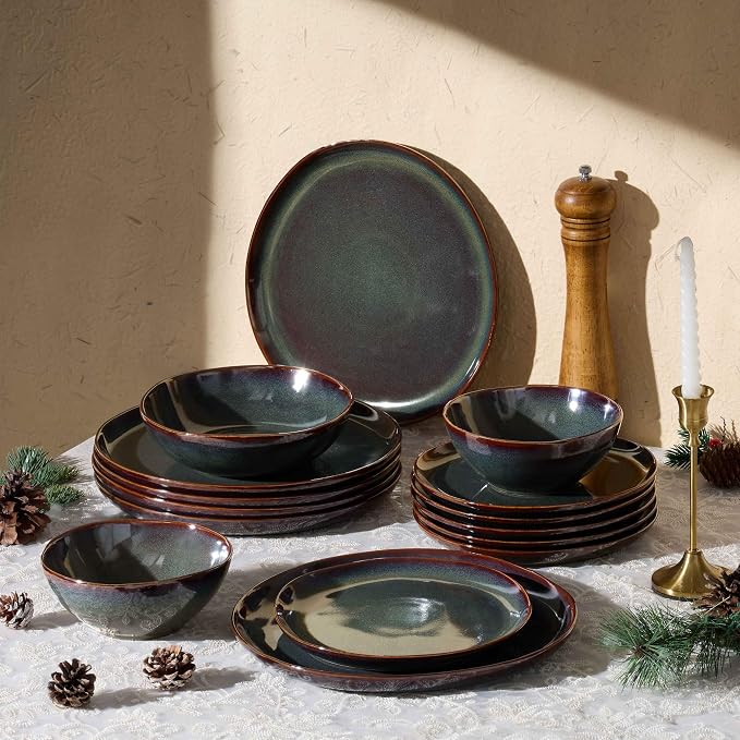 Herogo Stoneware Dinnerware Sets for 6, 24 Piece Ceramic Dinner Dishes Set, Irregular Handmade Plates and Bowls Dishware, Crack and Scratch Resistant, Reactive Glaze, Lichen Green