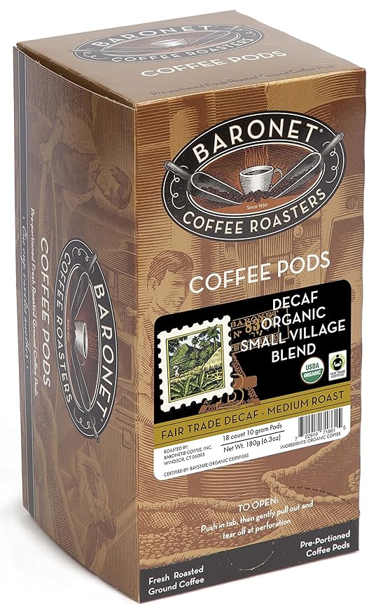 Baronet Coffee Pods [DECAF Organic Small Village-54 Pods] Single Cup Use, Like Senseo [3 Boxes of 18 Single Serve 10 Gram] Regular Strength, Med Roast [Decaf Org Sml Vil]