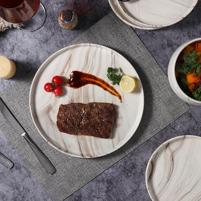 Lorren Home Trends Shiny Marble Pattern Dinnerware Set, 12 Piece Service for 4, Microwave and Dishwasher Safe