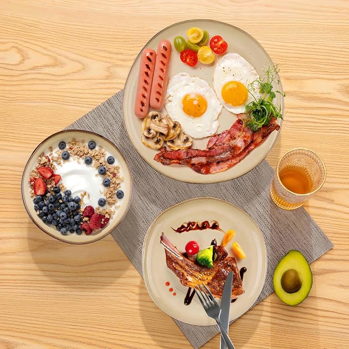 Herogo Dinnerware Sets for 8, 24pcs Stoneware Dinner Dish Set, Irregular Handmade Plates and Bowls Dishware, Crack and Scratch Resistant, Microwave & Dishwasher Safe, Cream Khaki