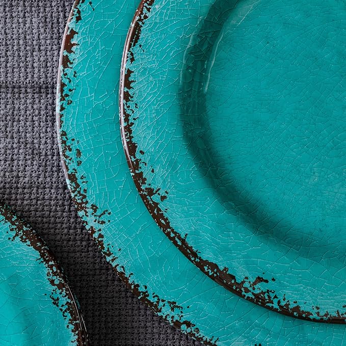LEHAHA 12 Piece Vintage Melamine Dinnerware Sets Include 4 Dinner Plates, 4 Salad Plates and 4 Bowls Service for 4, Unbreakable Farmhouse Dishes and Bowls Suitable for Indoor and Outdoor Use Teal