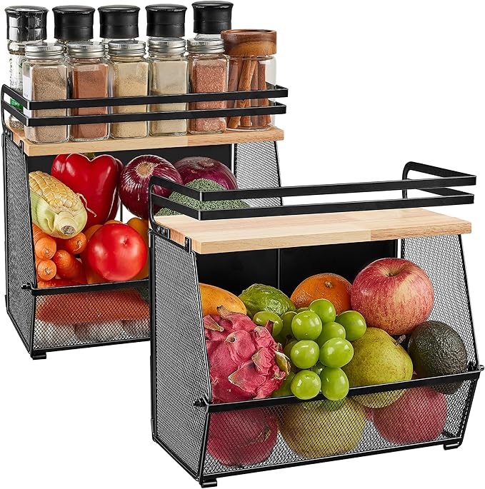 Imncya 2 Pack Magnetic Shelf for Fridge with Wood Lid, Large Container Magnetic Fruit Basket Spice Rack, Potato Onion Storage Organizer Magnetics Shelves for Refrigerator, Kitchen Counter, Pantry