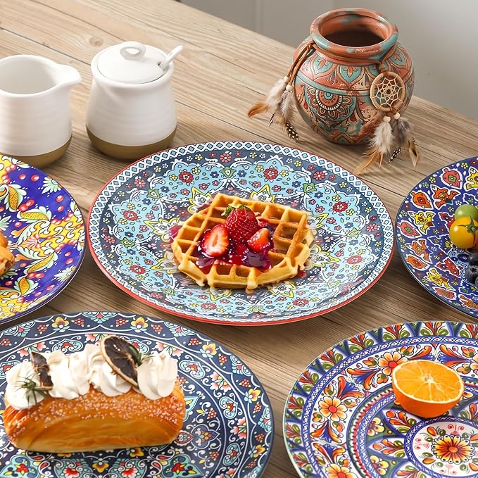 glowworm Dinnerware Sets for 6, 18 Pieces Plates and Bowls Set, Ceramic Dishes Set for 6, Oven, Microwave & Dishwasher Safe, Scratch Resistant, Bohemian