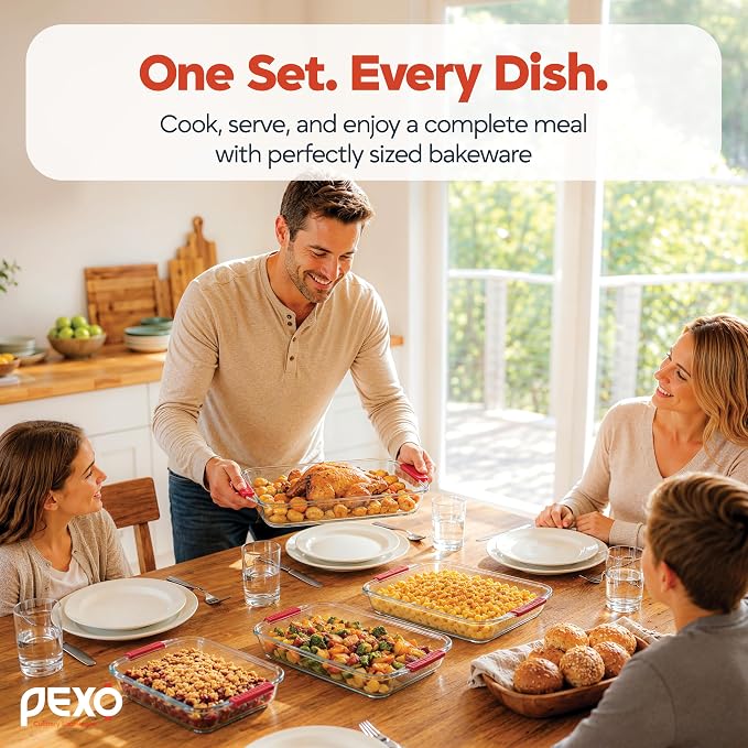Pexo 8 Piece Glass Baking Dish Set with Plastic Lids, With Silicone Handles for Easy Grip (1.06QT, 1.69QT, 2.32QT, 3.17QT), Clear Glass Casserole Dishes for Oven, Airtight Lids, Glass Bakeware, Freezer, Oven, and Dishwasher safe (Red)