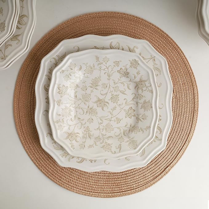 222 Fifth 12-Piece Porcelain Dinnerware Set for 4, Glossy Cream Plates and Bowls Set with Taupe Flowers, Elegant Square Ceramic Dish Set, Kitchen Tableware, Microwave & Dishwasher Safe, Batik Toile
