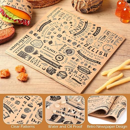 Outus 3600 Pcs 12 x 12 Inch Deli Wax Paper Sheets Grease Resistant Tray Basket Liners Newsprint Paper Water and Grease Proof Sandwich Wrapping Square Hot Dog Wrappers for Food Baking (Brown)