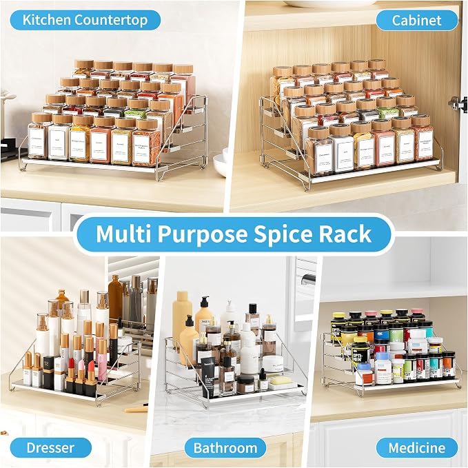 BOIVSHI Spice Organizer, 4 Tier Spice Rack Organizer for Cabinet, Adjustable Depth Spice Shelf for Countertop, Heavy Duty Seasoning Organizer for Cabinet, Counter, Pantry, Cupboard - Chrome,1 Pack