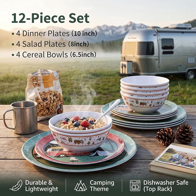 12-Piece Melamine Dinnerware Set,Unbreakable Camping Plates and Bowls Set of 4, Lightweight Outdoor Dishes with Camper Van & Tent Design for RV, Picnic, Backpacking, and Patio,Dishwasher Safe