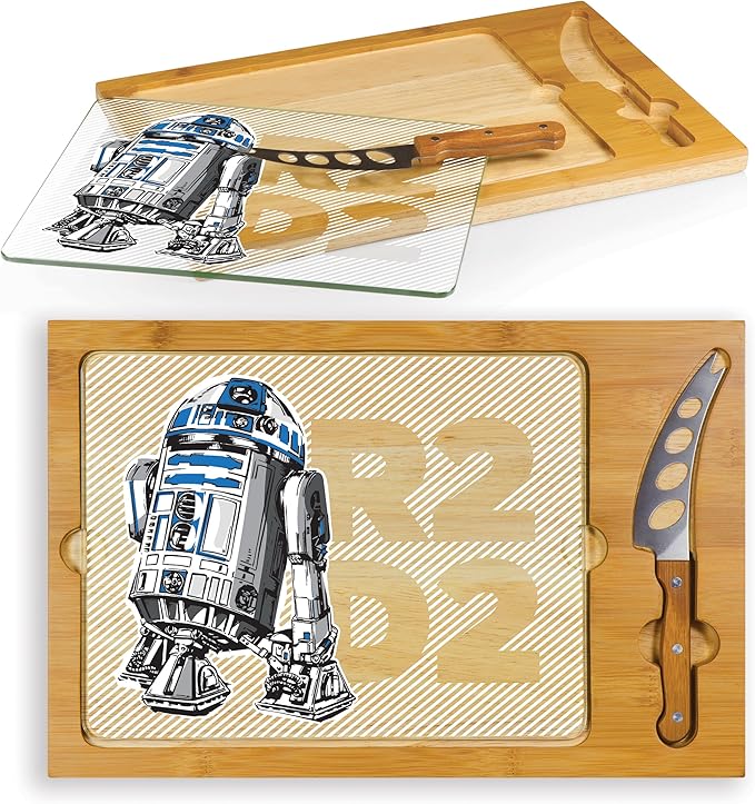 PICNIC TIME Star Wars R2-D2 Icon Glass Top Cheese Board and Knife Set, Charcuterie Serving Tray, Removable Tempered Glass, Parawood and Bamboo Design, (Parawood & Bamboo)