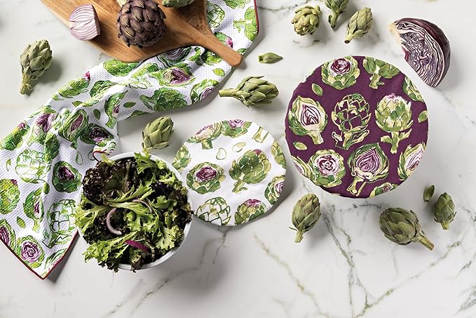 Now Designs Artichoke Collection Bowl Covers Set of 2, Reusable Cotton with Moisture-Locking Lining, DIA7.5in/DIA9.25in, Machine Washable, Purple/Green