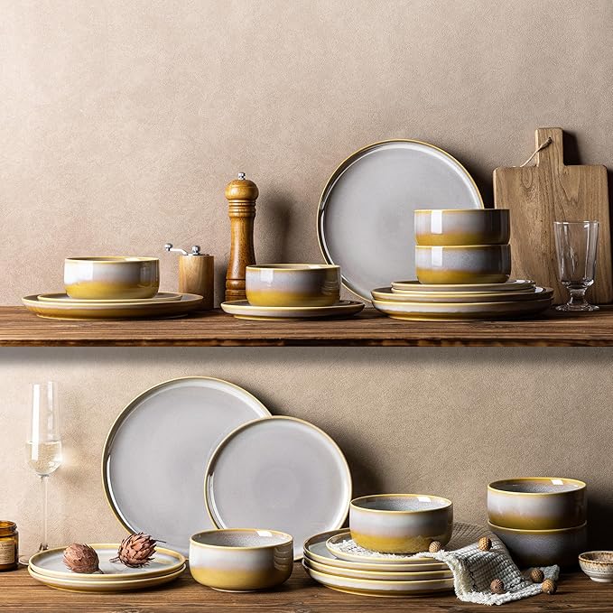 TheTerra Ceramic Dinnerware Sets for 8, 24 Pieces Handmade Reactive Glaze Plates and Bowls Set, Scratch Resistant Dish Set, Oven & Microwave & Dishwasher Safe, Autumn Haze