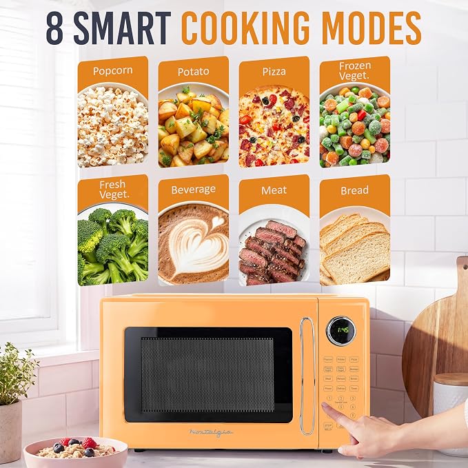 Nostalgia Modern Retro Compact Countertop Microwave Oven - 1.1 Cu. Ft. - 1000-Watts with LED Digital Display - Child Lock - Easy Clean Interior - Orange