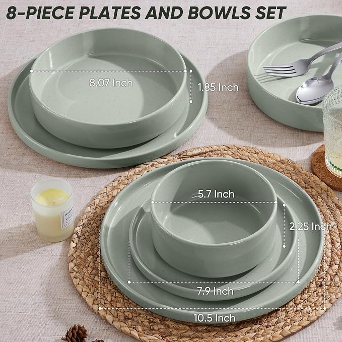 E-far 8-Piece Plates and Bowls Sets - Stoneware Dinnerware Sets with Pasta Bowls for 2 | Microwave & Dishwasher Safe Kitchen Modern Dish Set, Speckled Green