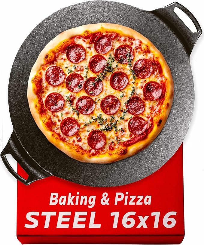 OLEEK steel pizza pan 16x16-carbon steel pizza pan for oven - round pizza steel - pizzas steel for oven - pizza steel pan - pizza pans - baking steel for ovens - pizza baking pan