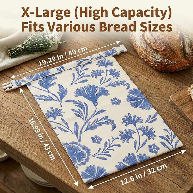 Beeswax Bread Bags for Sourdough & Homemade Bread (2 Pack), XL 13"x17" Large Reusable Cotton & Linen Bread Bag, Keep Loaves Fresh Longer, Natural & Easy to Clean (Classic Blue Floral)
