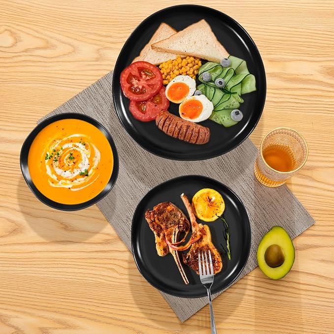 Herogo Stoneware Dinnerware Sets for 6, 18 Piece Ceramic Dinner Dishes Set, Irregular Handmade Plates and Bowls Dishware, Crack and Scratch Resistant, Reactive Glaze,Matte Black