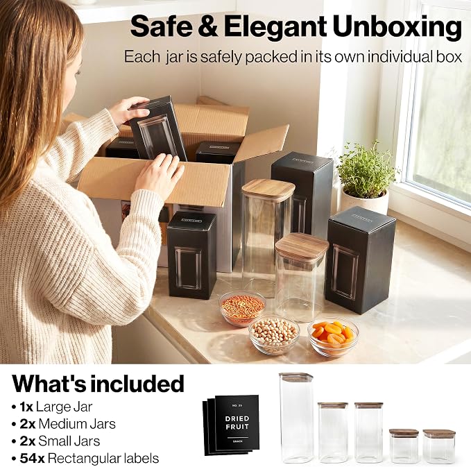EDELHAUS Glass Storage Containers with Lids - Canister for Pantry Food | Acacia Lids Black Labels Set of 5 - cereal flour sugar rice coffee tea spice pasta noodles dry goods 54 pre-printed labels