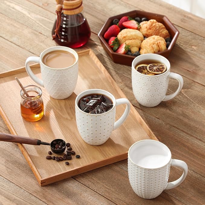 MALACASA LYDIA Coffee Mugs Set of 4, 16 Oz Ceramic White Cups with Handles, Embossed Cups for Latte Cappuccino Mocha, Dishwasher Microwave Safe, Gift Set for Coffee Lovers