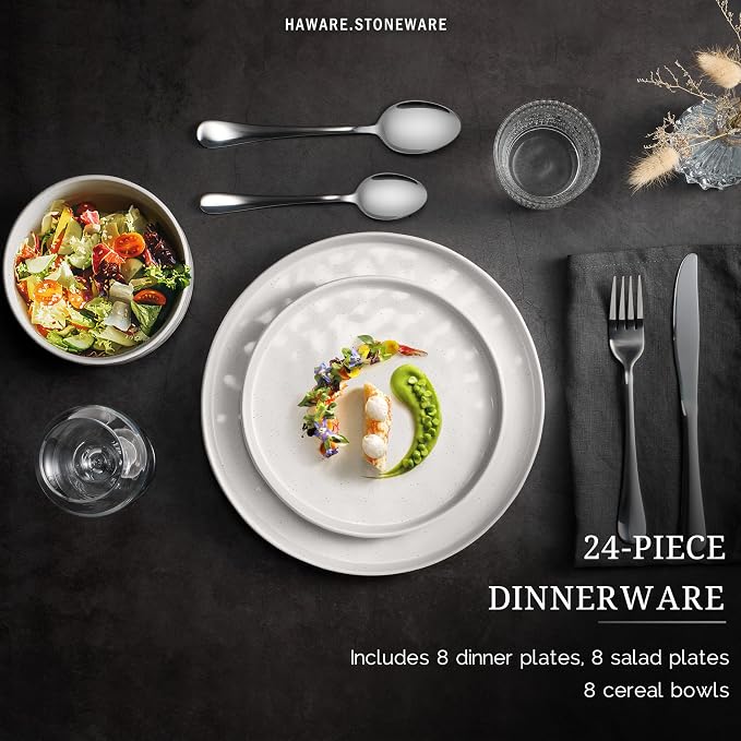 HaWare Dinnerware Sets, 24-Piece Plates and Bowls Set, Stoneware Dish Set for 8, Ceramic Dinnerware for Home Restaurant, Chip and Scratch Resistant, Microwave and Dishwasher Safe, Speckled White