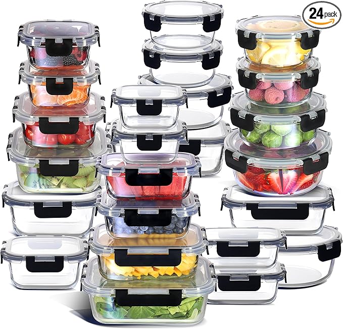 Nestl 48pc (24 Airtight, Freezer Safe Food Storage Containers and 24 Lids), Pantry Kitchen Storage Containers, Glass Meal Prep Container for Lunch, Glass Storage Containers with Lids Black